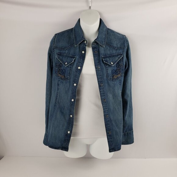 Eddie Bauer XSP Blue Denim Shirt Jacket Snaps Pockets Embroidery Womens Petite - Picture 3 of 16